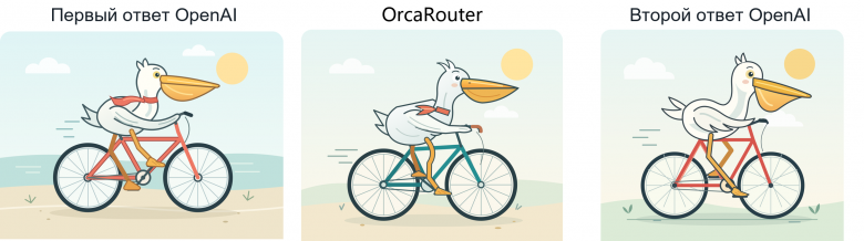 Рис. 2. OrcaRouter. Слева направо: первый ответ OpenAI, ответ платформы, второй ответ OpenAI. Все четыре признака совпадают. Отличия в деталях: бирюзовая рама, коричневые ручки руля и положение ног.