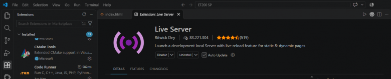 Расширение Live Server во встроенном магазине VS Code