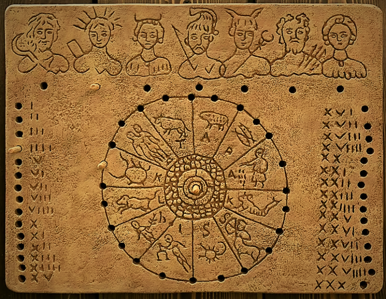 Римский настольный календарь первых веков нашей эры, где деревянными колышками можно было отмечать день недели, как мы писали ранее, обозначенный планетными божествами начиная с субботы (Сатурн); месяц — в данном случае по знакам зодиака, а не по римскому календарю, и день месяца Римский настольный календарь первых веков нашей эры, где деревянными колышками можно было отмечать день недели, как мы писали ранее, обозначенный планетными божествами начиная с субботы (Сатурн); месяц — в данном случае по знакам зодиака, а не по римскому календарю, и день месяца