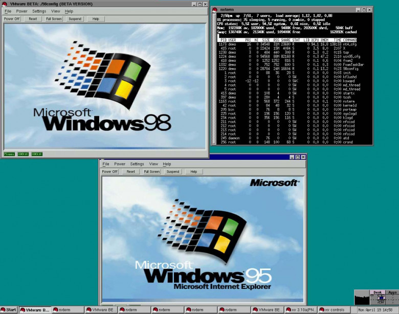 Бета VMware Workstation, весна 1999 года. Windows 95 и 98 в соседних окнах поверх Linux. Тогда это выглядело трюком. Источник: virten.net Бета VMware Workstation, весна 1999 года. Windows 95 и 98 в соседних окнах поверх Linux. Тогда это выглядело трюком. Источник: virten.net