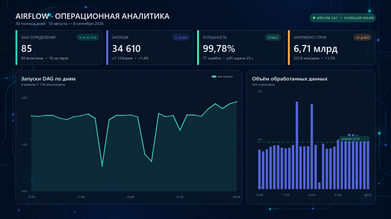 За месяц наш оркестратор загрузил 6,71 млрд строк — 99,78 % процессов прошли без ошибок За месяц наш оркестратор загрузил 6,71 млрд строк — 99,78 % процессов прошли без ошибок