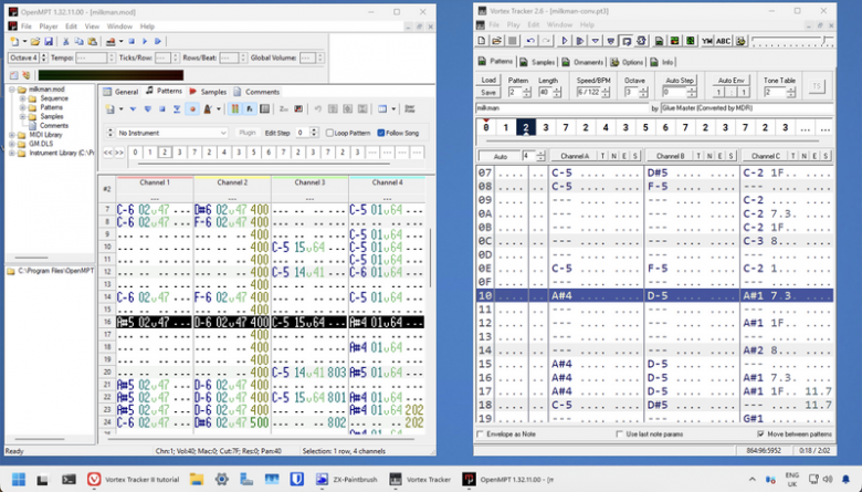 Note the 11.7 in the 3rd channel of the Spectrum version. This is a “pitch slide down” effect in Vortex Tracker syntax, which drops the pitch by about a quarter-tone. It’s repeated on the next line, so the overall effect is a slide down from the A# that leads in to the next bass note. The original Amiga mod does the same thing using its own syntax - those are the 202 s you can see on the same notes, at the bottom of the 4th track.