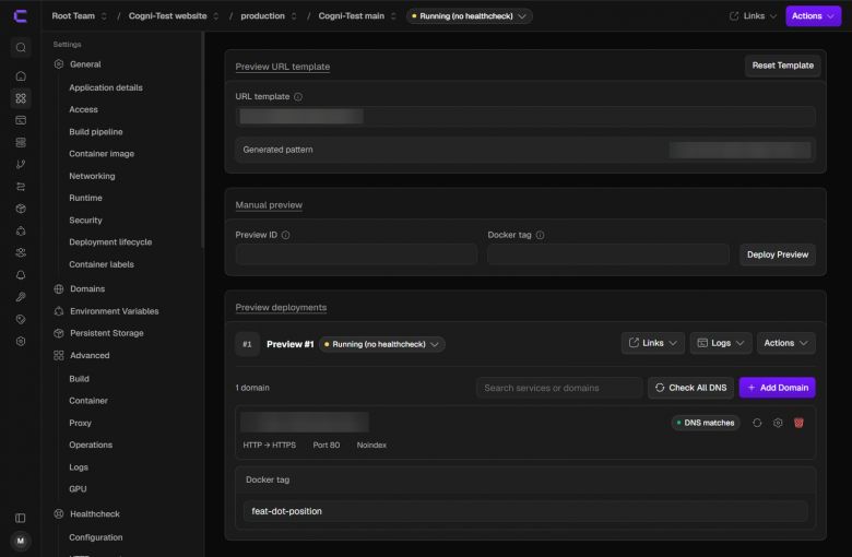 Интерфейс настройки предпросмотра тестовых сборок (Preview deployments) для проверки нововведений в Coolify.