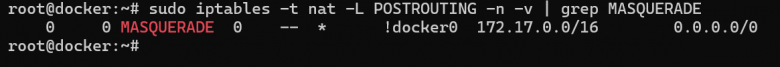 Проверка правил iptables: отображение правила MASQUERADE для исходящего NAT-трафика в Docker.