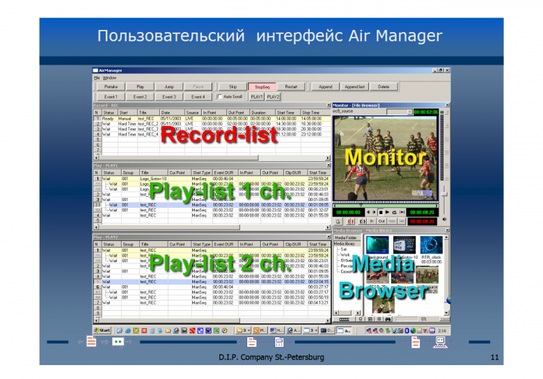 Интерфейс ПО "Air Manager", в правом нижнем углу видны часы. Источник: https://web.archive.org/web/20160807085026/http://dip.spb.ru/docs/news/Dip automation 2007.pdf