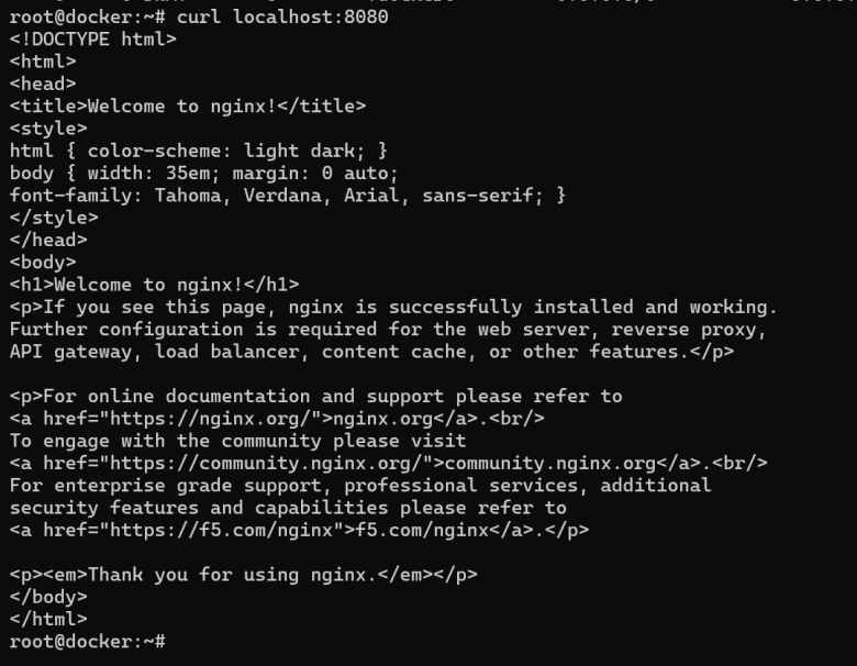 Тестирование проброса портов: успешный ответ веб-сервера nginx при отправке запроса curl на локальный порт хоста 8080.