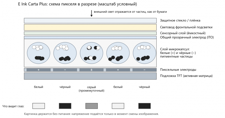 Схема пикселя E Ink Carta Plus в разрезе (масштаб условный)