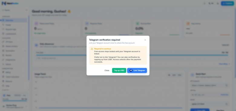 Личный кабинет NaraRouter: для бесплатного доступа нужно привязать Telegram либо пополнить баланс минимум на $1.