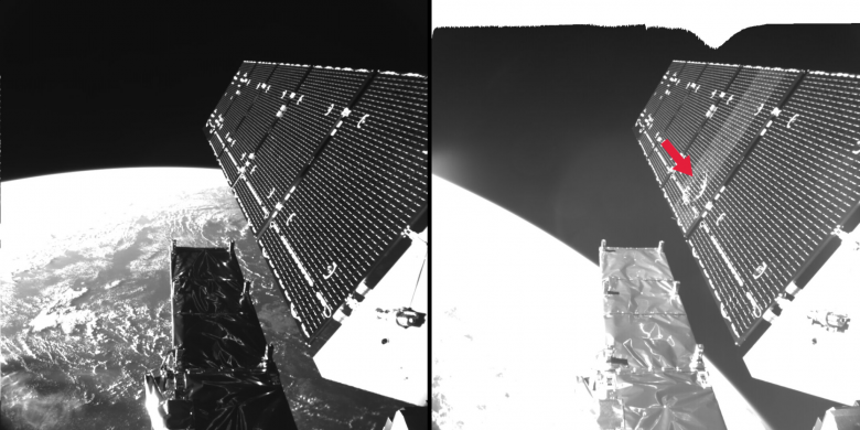 Солнечная панель Sentinel-1A до и после попадания частицы размером менее 5 мм. Диаметр повреждённой области — около 40 см. Источник.