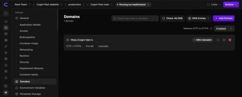 Настройка SSL-сертификатов и привязка доменного имени проекта в панели управления Coolify.