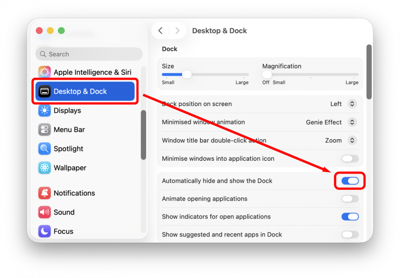 Системные настройки для автоматического скрытия Dock Системные настройки для автоматического скрытия Dock