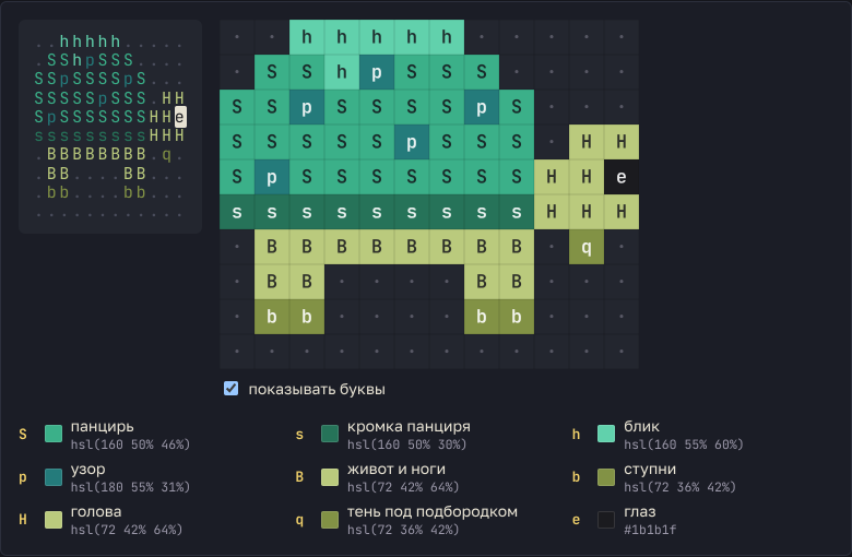 Стоящая черепашка: слева так, как она записана, справа те же буквы поверх пикселей.