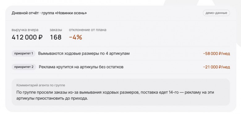 Дневной отчёт агента по группе с приоритетами и комментарием