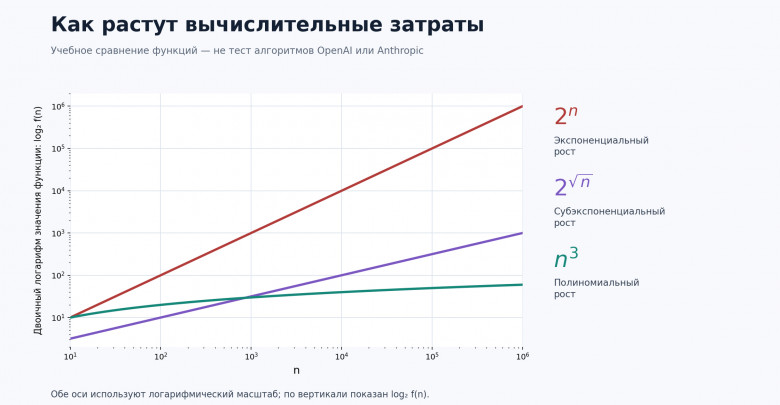 Полиномиальная, субэкспоненциальная и экспоненциальная зависимости растут с разной скоростью. По вертикали показан двоичный логарифм значения функции; обе оси имеют логарифмический масштаб Полиномиальная, субэкспоненциальная и экспоненциальная зависимости растут с разной скоростью. По вертикали показан двоичный логарифм значения функции; обе оси имеют логарифмический масштаб