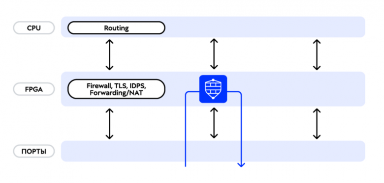 Рисунок 5. Архитектура с переносом firewall, TLS, IDPS, forwarding и NAT в FPGA при сохранении routing в CPU
