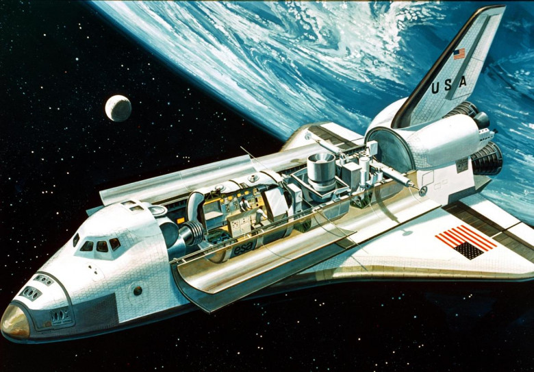 Spacelab — герметичный цилиндр в грузовом отсеке шаттла, соединённый с ним туннелем. Иллюстрация NASA, C-1976-4380
