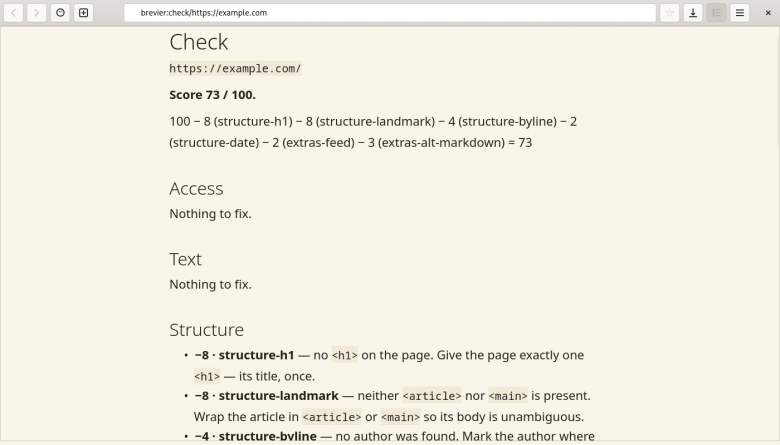 brevier --check для example.com: 73 из 100 и что поправить brevier --check для example.com: 73 из 100 и что поправить