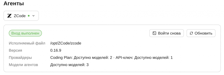 Карточка ZCode в настройках: строка «Провайдеры» показывает, есть ли вход в Coding Plan и провайдеры с ключом
