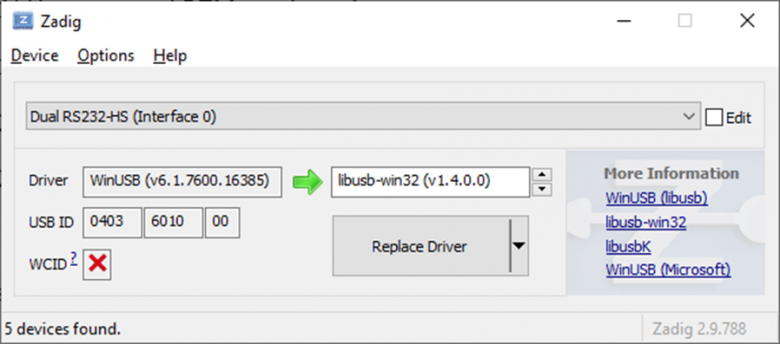 В утилите Zadig выбираем libusb-win32 или libusbK.