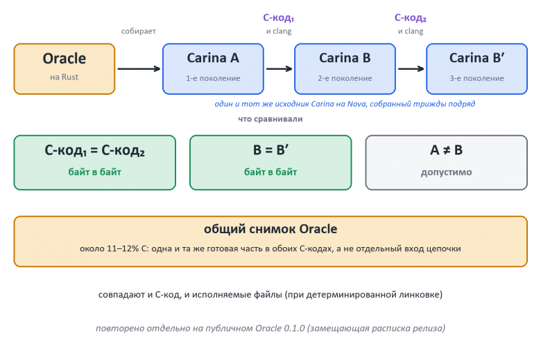 Oracle собирает Carina A, Carina A собирает Carina B, Carina B собирает Carina B′ из того же исходника на Nova; C-код и файлы B и B′ совпадают