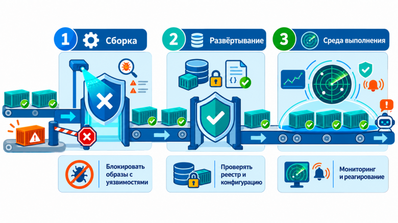 Container security ловит уязвимости на сборке, развертывании и в рантайме