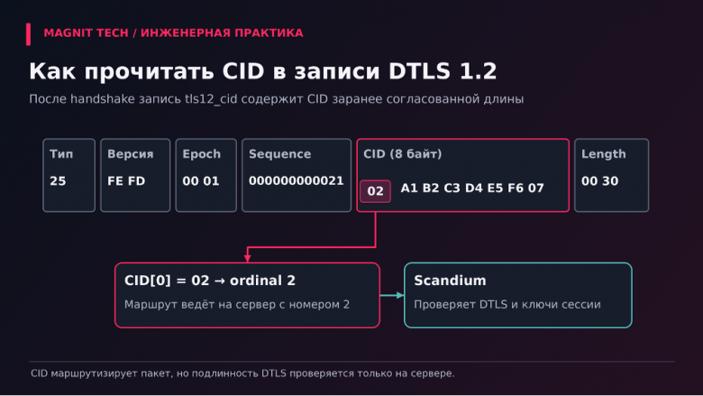 Схема 4. Как прокси читает CID в записи DTLS 1.2: первый байт — номер сервера.