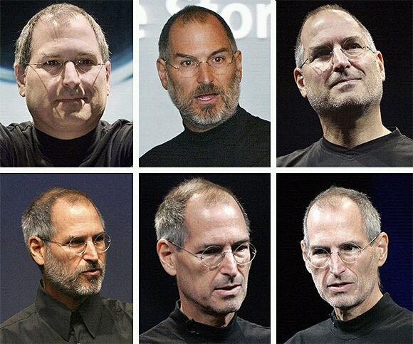 Steve Jobs in 2000, 2003, 2005, 2006, 2008 and 2009