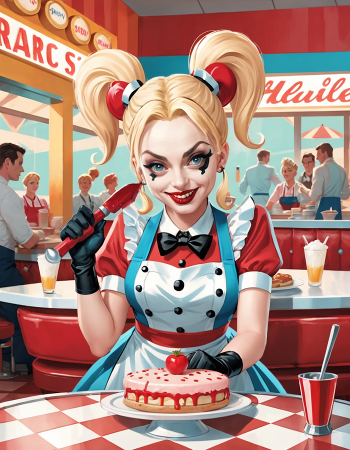 Harley Quinn as a waitress in a diner with hammer effect in a playful style, photographed by Juergen Teller