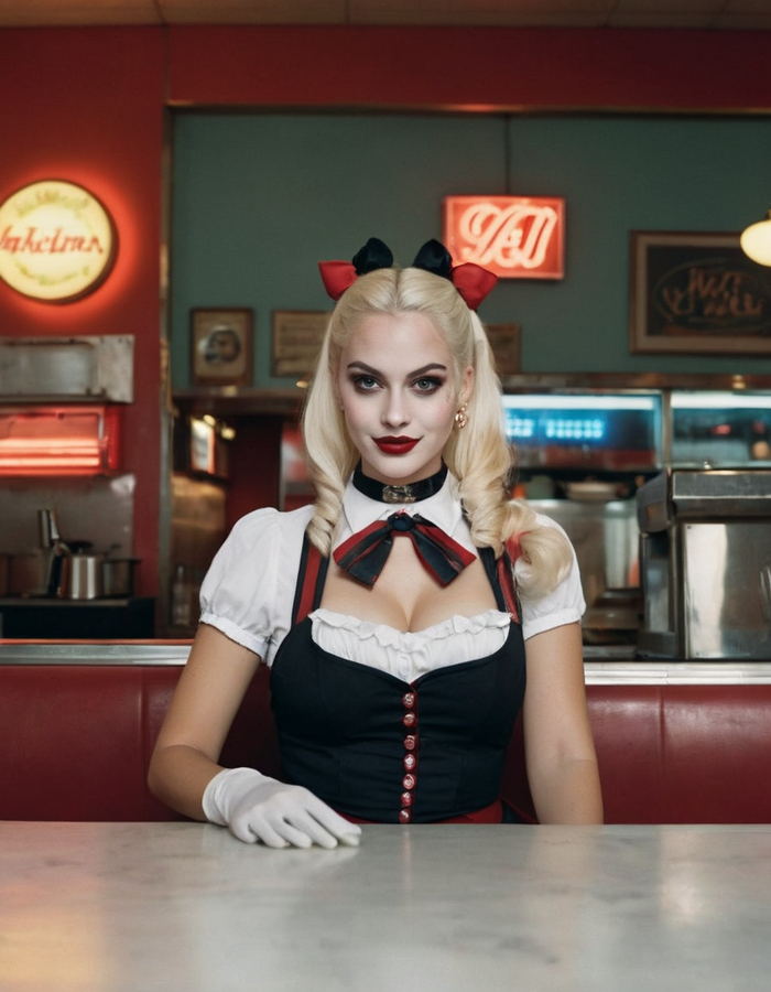 Harley Quinn as a waitress in a diner with hammer effect in a playful style, photographed by Juergen Teller