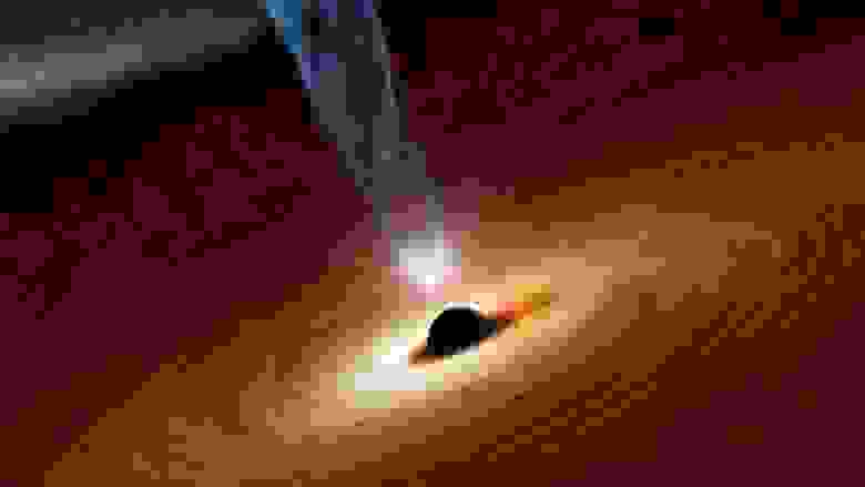 На этом рисунке изображена сверхмассивная чёрная дыра, масса которой в миллионы и миллиарды раз превышает массу нашего Солнца.
