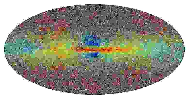 На этой цветной карте представлены данные о содержании тяжёлых элементов в более чем 6 миллионах звёзд в пределах Млечного Пути. Звёзды красного, оранжевого и жёлтого цветов достаточно богаты тяжёлыми элементами, чтобы иметь планеты; звёзды зелёного и голубого цветов лишь изредка имеют планеты, а звёзды голубого и фиолетового цветов не имеют вокруг себя планет. Обратите внимание, что центральная плоскость галактического диска, простирающаяся до самого галактического ядра – потенциальное местонахождение обитаемых каменистых планет.