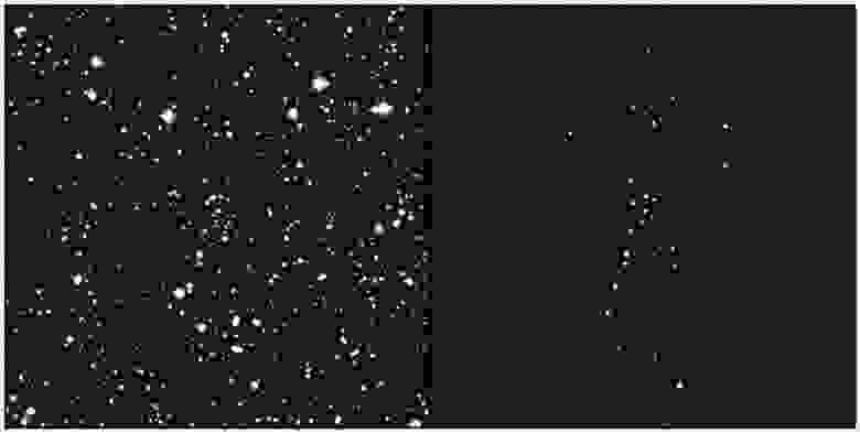 На этом снимке глубокого неба (слева) скрыта Uma3/U1, сверхслабая галактика. Она содержит менее 100 сотен звёзд — ничтожное количество для галактики.