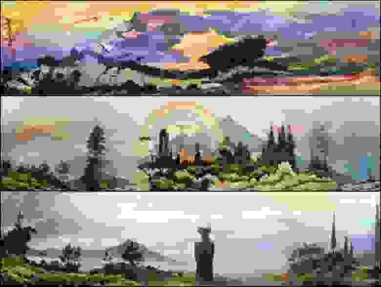 Запрос: «Холст картина маслом горы радуга инопланетный пейзаж бежевый фон», Kandinsky 