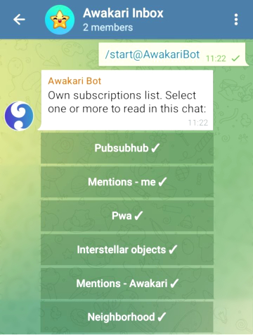 Чтобы получать сообщения по подписке, нужно пригласить AwakariBot в группу и выбрать подписку.