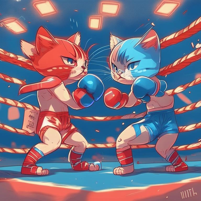Результат генерации по запросу "Chatgpt 3   and Chatgpt 4 on the boxing ring fighting each other as two cute kittens in Red and blue shorts", стиль: anime