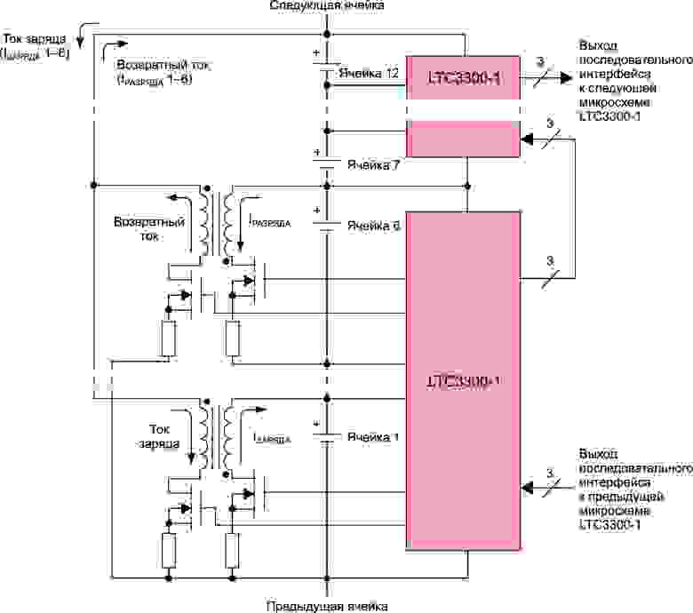 Активная балансировочная схема на LTC3300-1 (Рыкованов А. Системы баланса Li-ion аккумуляторных батарей // Силовая электроника. 2009.№1