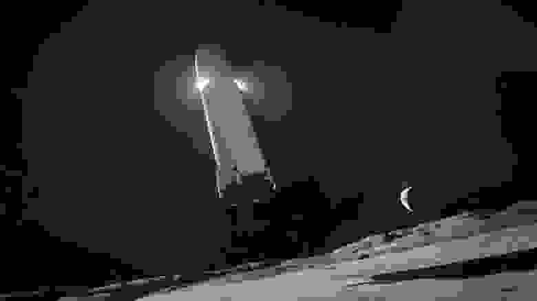Лунный посадочный вариант Starship без аэродинамических поверхностей, с дополнительными двигателями посадки в верхней части корпуса, в представлении художника