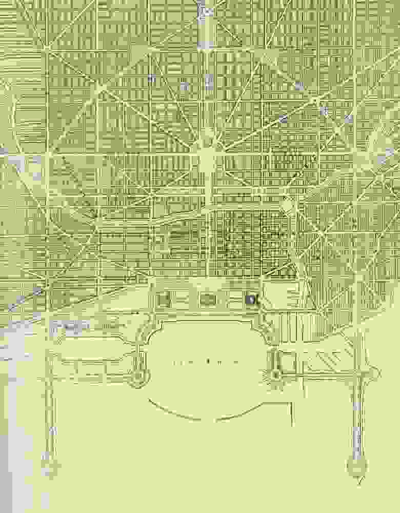 Предлагаемая сетка улиц в центре Чикаго. Хорошо видны диагонали-авеню, расходящиеся лучами из центральной площади, и бульвары между парками, полукольцом окружающие центр.