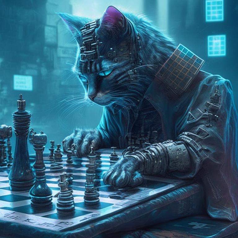 Киберпанк кот играет в шахматы