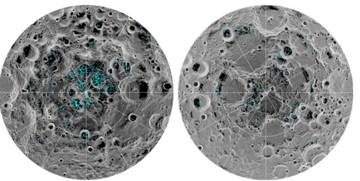 Распределение льда на поверхности Южного и Северного полюсов Луны

