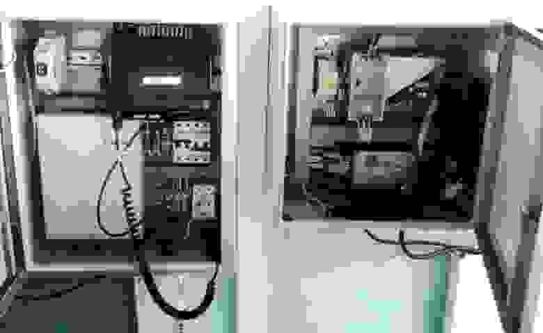Шкаф радиооборудования на базе, с модемом и радиостанцией.Рядом такой же шкаф производства конкурентов.