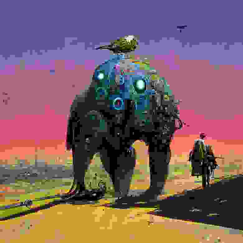 Кind elephant streaming around sweet Kakapo cyberpunk by Salvador Dali