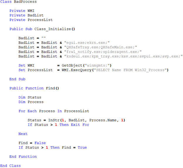 Фрагмент VBScript-кода, проверяющий наличие процессов security-решений