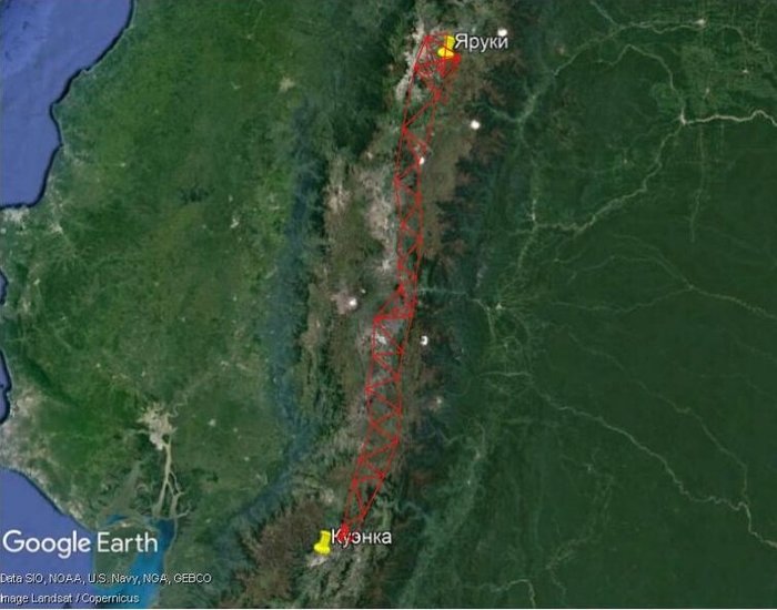 На современную карту тут наложены треугольники перуанской экспедиции (примерный экскиз)