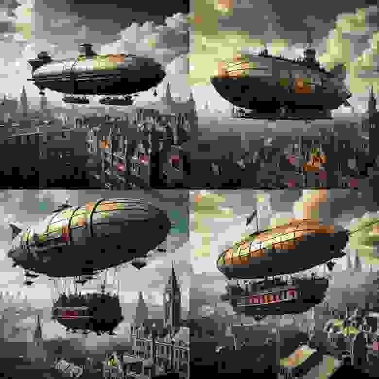 Steampunk airship floating above a bustling Victorian London skyline  