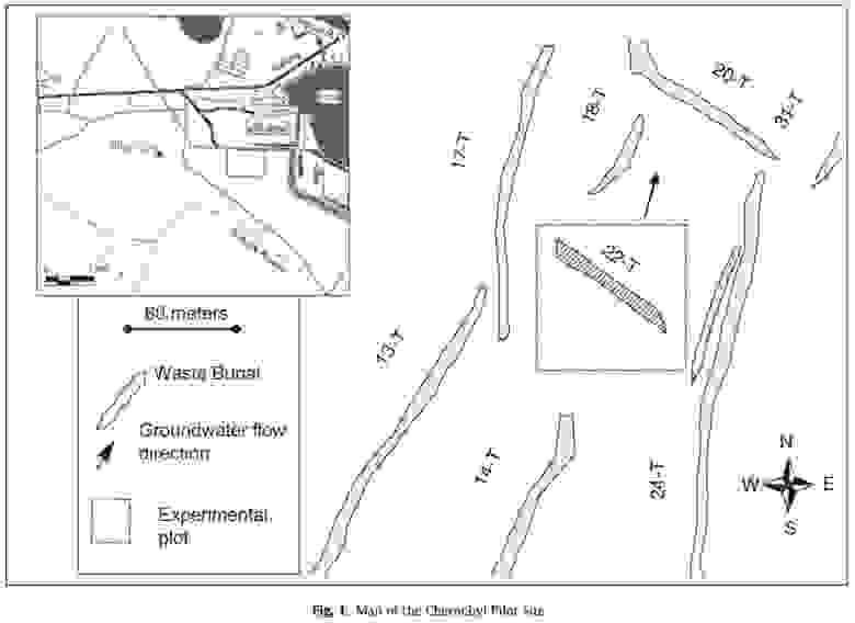 Расположение траншей с захоронениями РАО в Рыжем лесу. Из работы V.Kashparova и др