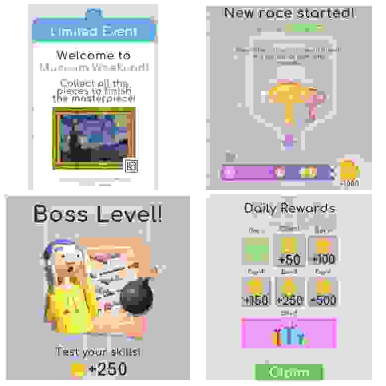 Механики игры (слева направо и сверху вниз - ивенты, уровень с другими игроками, Boss Level, ежедневные награды)