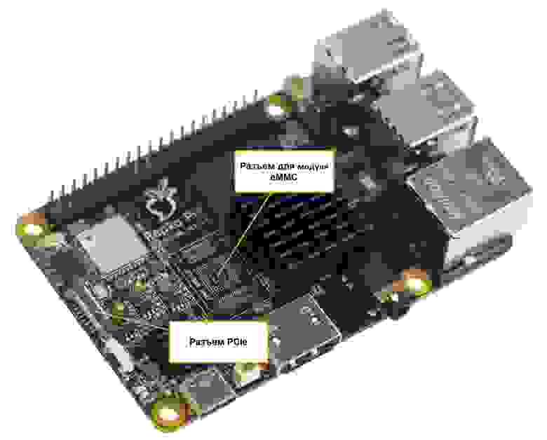 Рис. 2. Разъемы eMMC и PCIe на плате микрокомпьютера Repka Pi4 Optimal Рис. 2. Разъемы eMMC и PCIe на плате микрокомпьютера Repka Pi4 Optimal