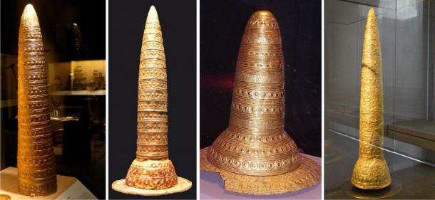 Четыре золотые шляпы. Слева направо: Вена, Франция (1844 г.); Южная Германия или Швейцария (1996 г.); Шифферштадт, Германия (1835 г.); Эцельсдорф, Германия (1953).