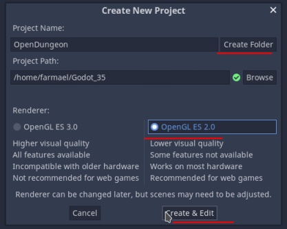 Вернувшись в это окно, сначала нажимаем Create Folder, чтобы в поле Projectt Path к пути добавилась запись /OpenDungeon. Отмечаем OpenGL ES 2.0 и нажимаем Create & Edit